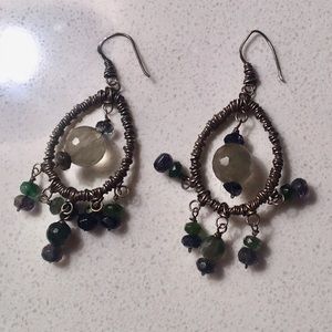 Vintage Boho Silver Wire & Quartz Drop Earrings